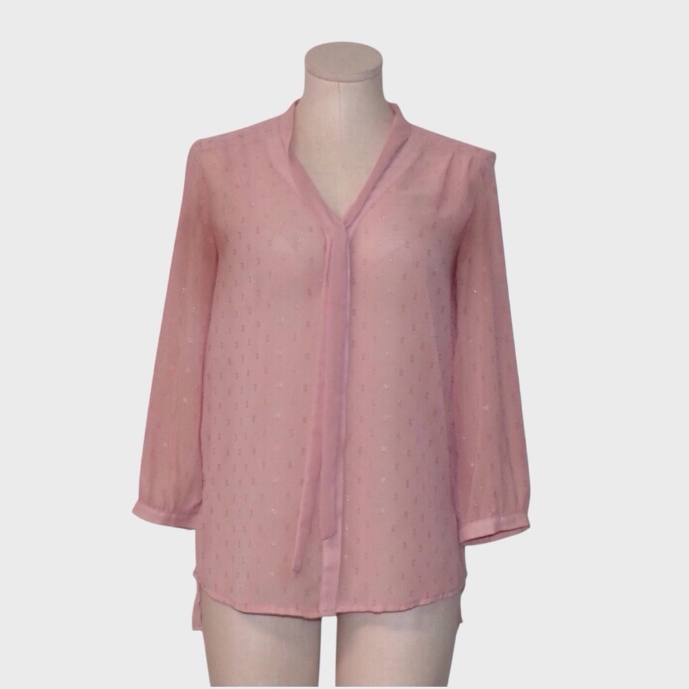 Elle Sheer Shimmery Dobby Tie Neck Blouse
